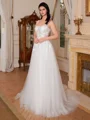 A-line Spaghetti Straps Appliques Lace Chapel Train Tulle Corset Wedding Dress