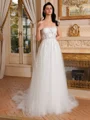 A-line Spaghetti Straps Appliques Lace Chapel Train Tulle Corset Wedding Dress