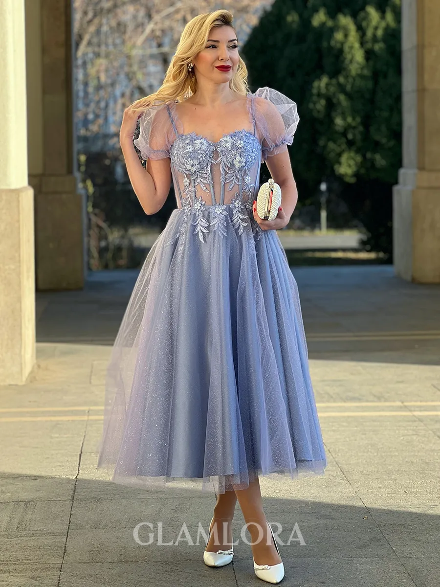 A-line Princess Sweetheart Short Sleeves Lace Tea-Length Corset Homecoming Dress With Appliques Lace
