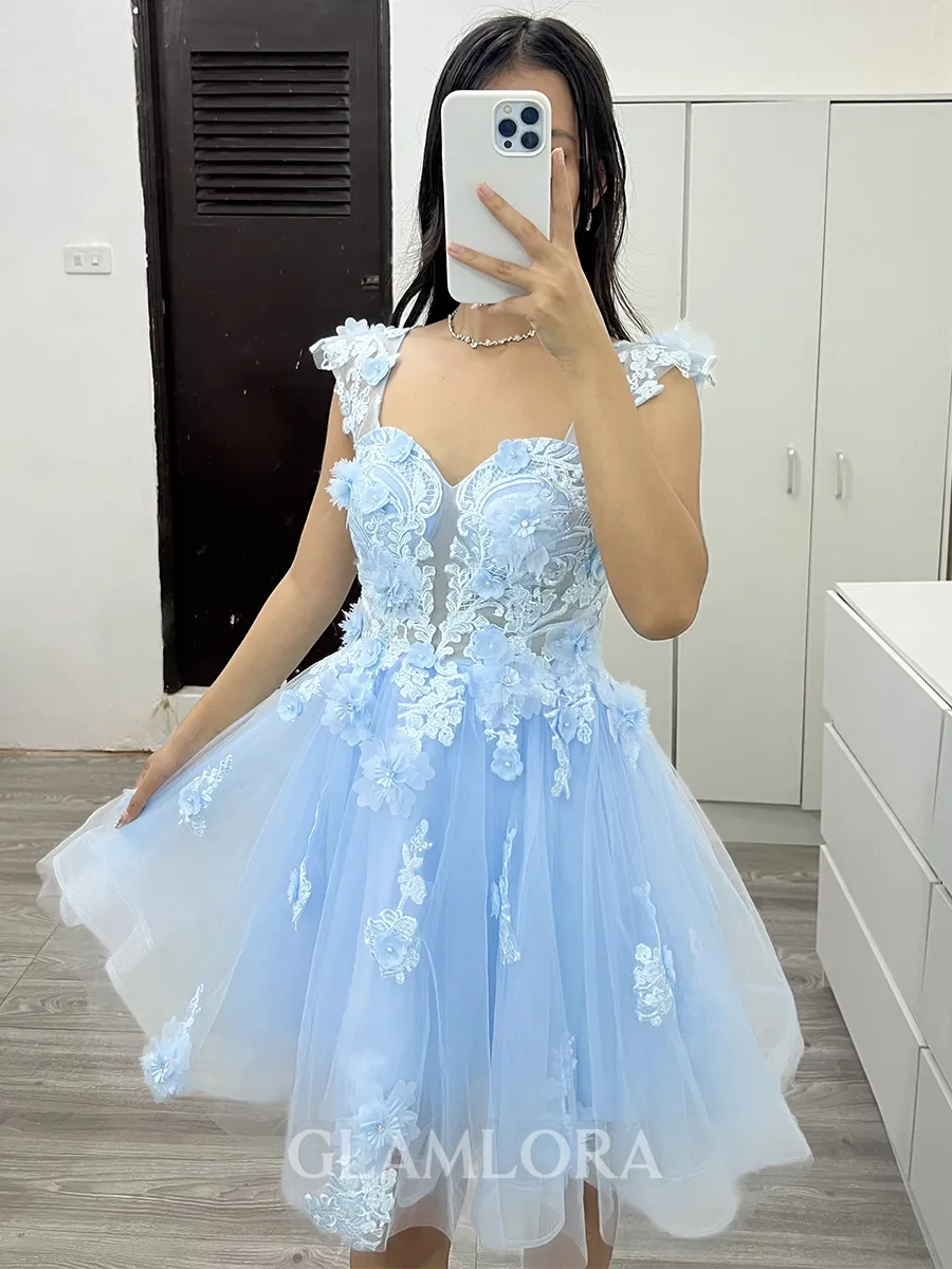 Elegant A-line Off-the-Shoulder Sleeveless Tulle Short/Mini Homecoming Dress With Flower