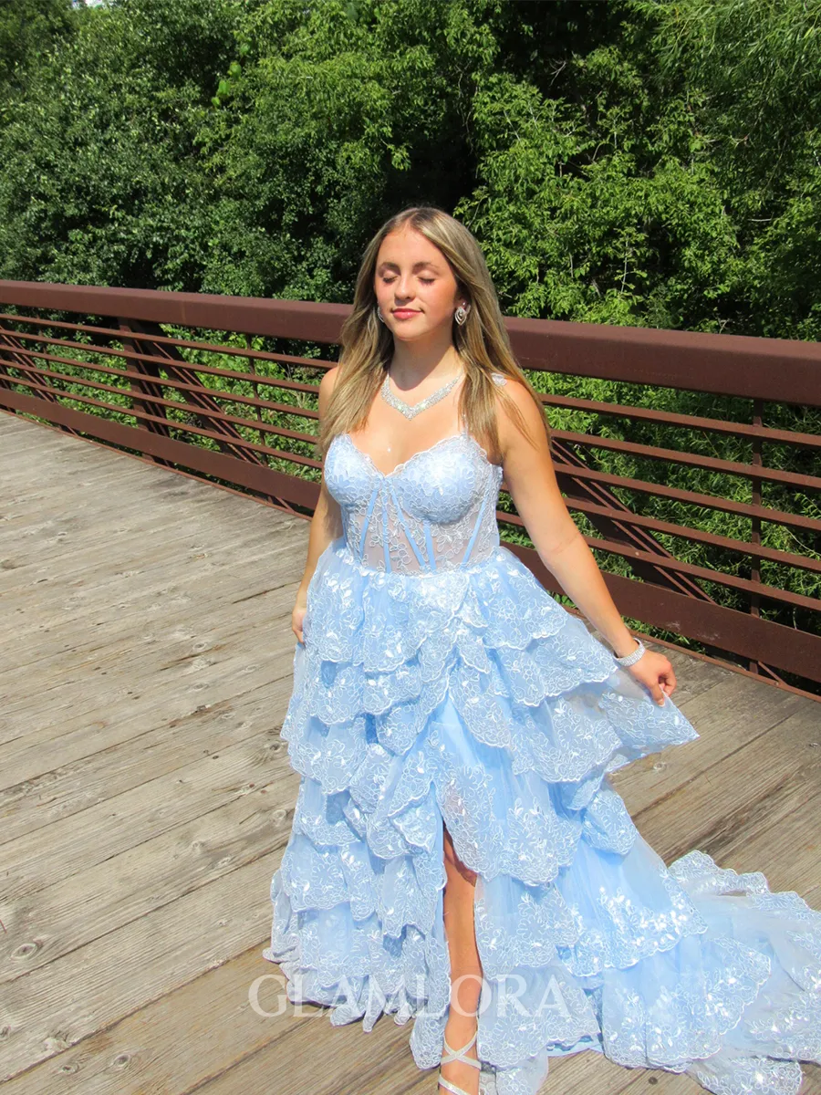 Perfect A-line Straps Court Train Tulle Corset Prom Dress With Slit