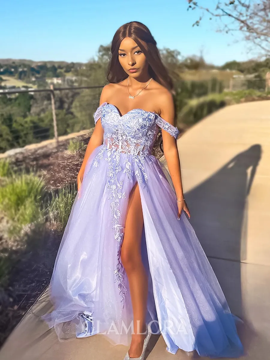 A-line Trendy Off-the-Shoulder Sweep Train Tulle Corset Prom Dress With Slit