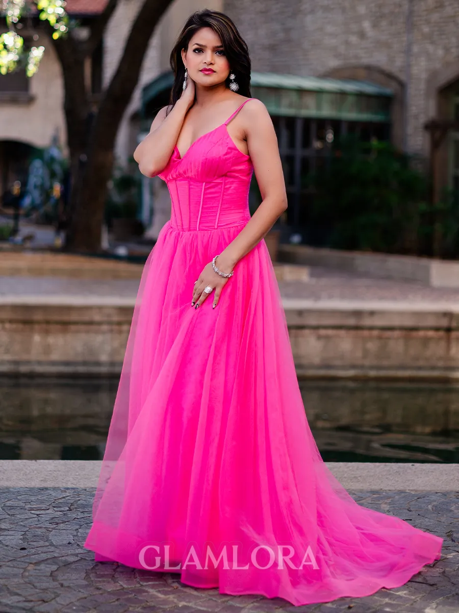Elegant A-line V-neck Tulle Sweep Train Corset Prom Dress