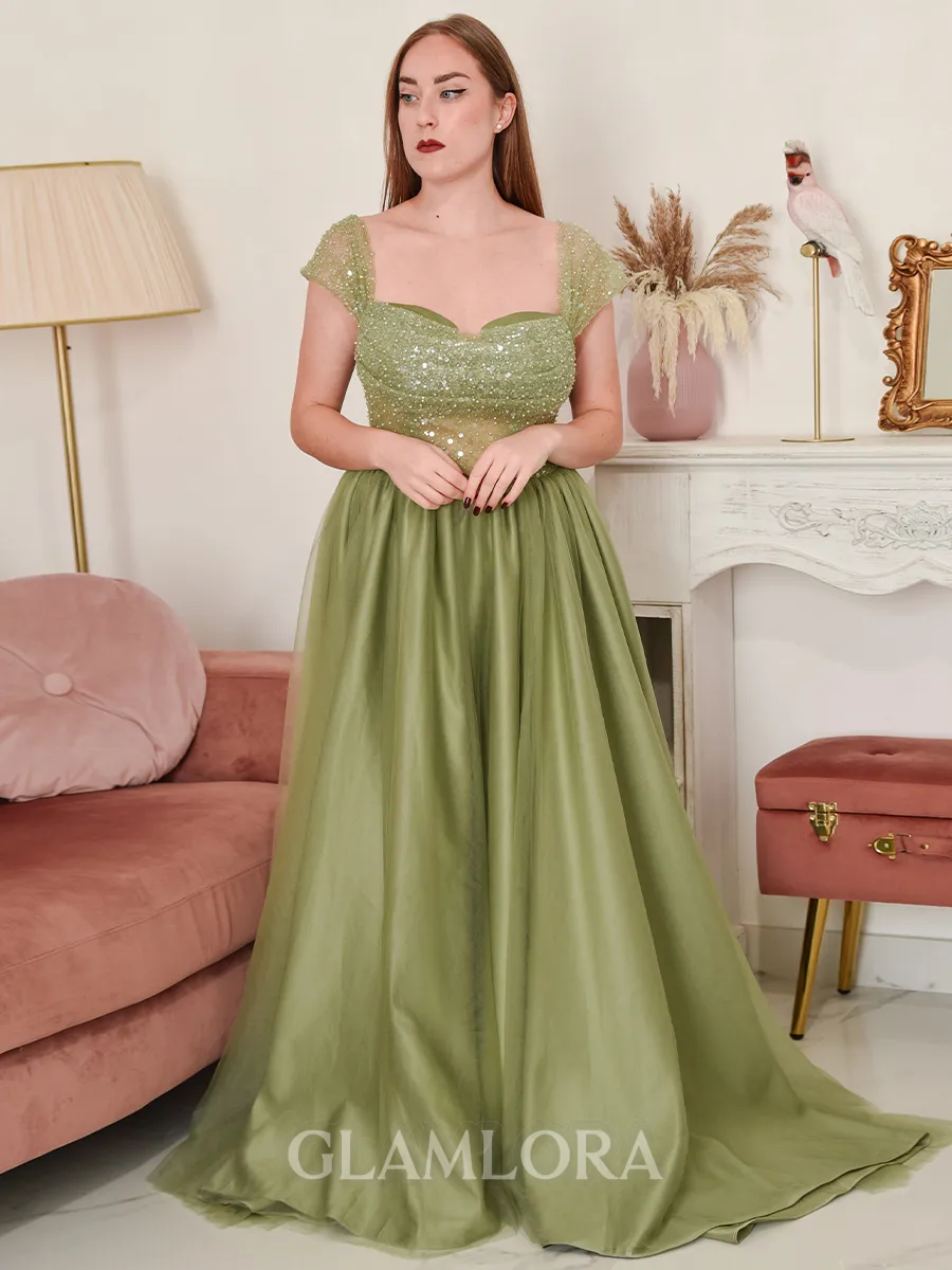 Chic A-line Off-the-Shoulder Tulle Court Train Corset Prom Dress With Sequin