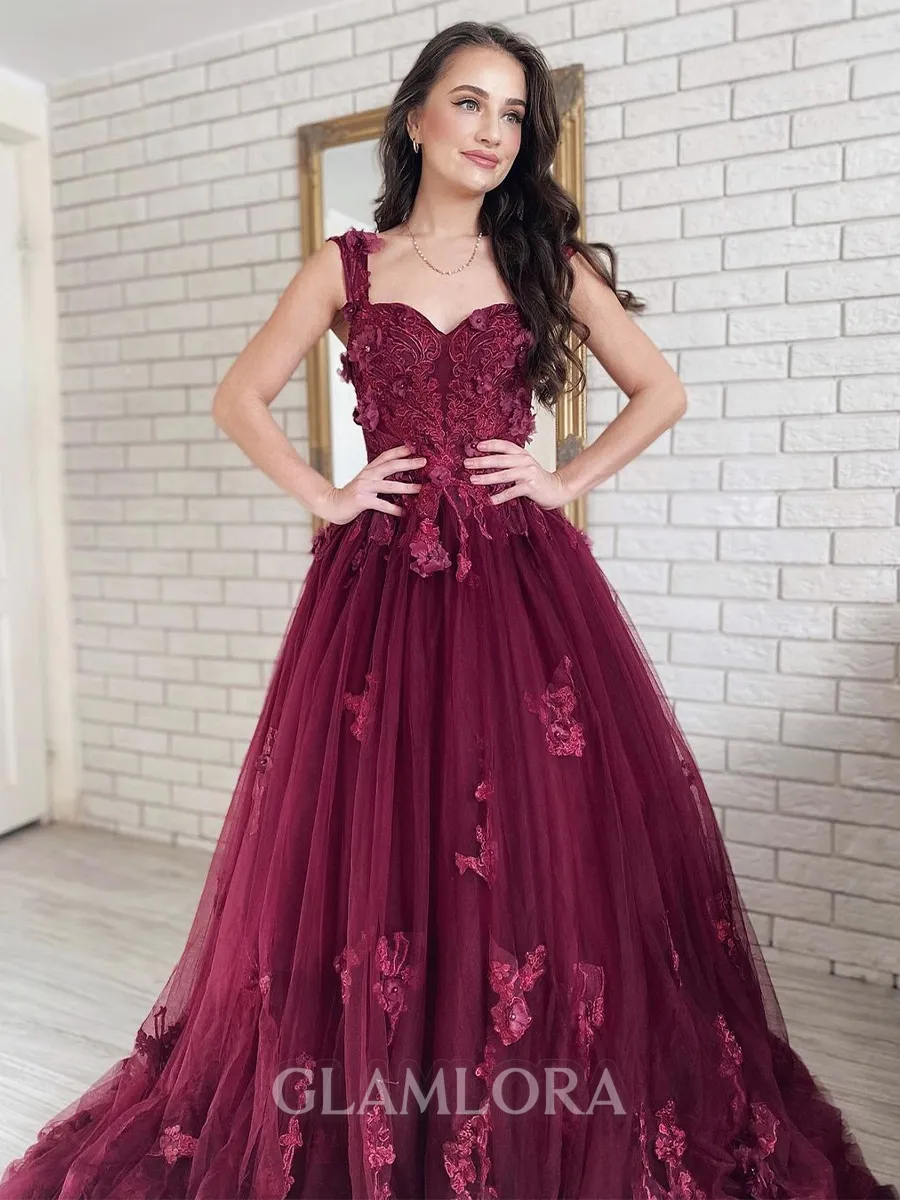 Ball-Gown Trendy Off-the-Shoulder Tulle Chapel Train Prom Dress With Flower