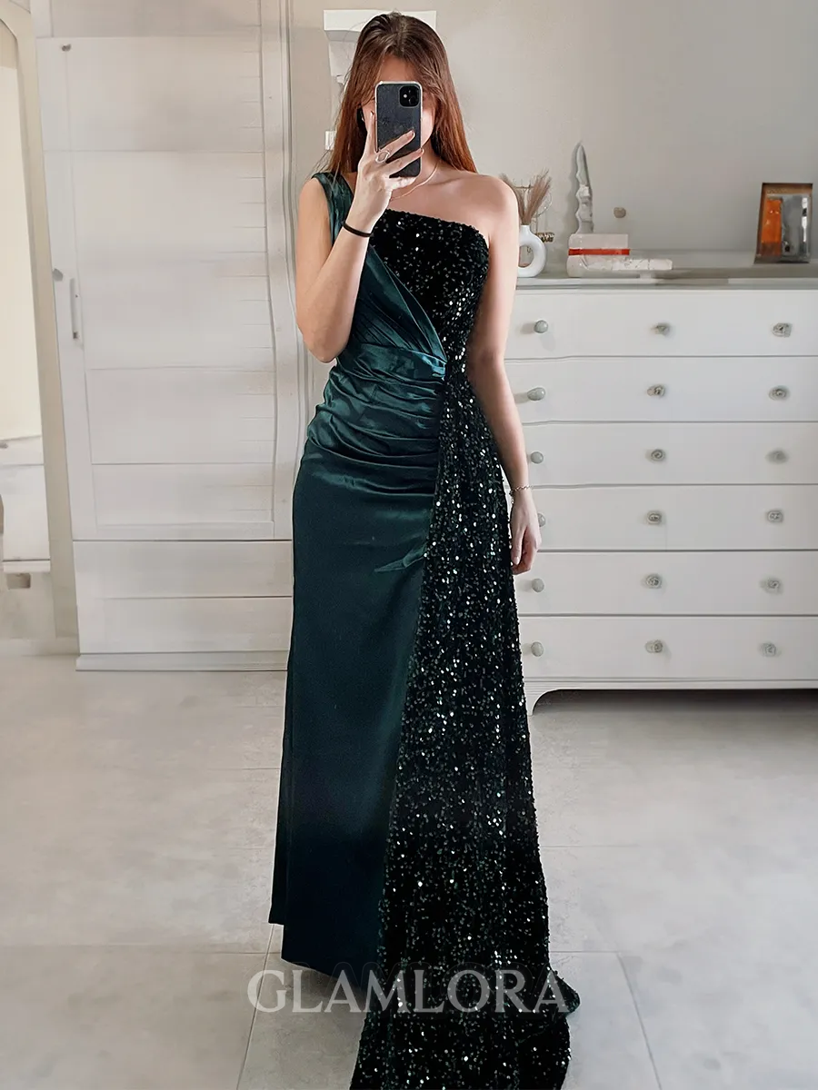 Sheath/Column Glitter One-Shoulder Velvet Sequins Floor-Length Prom Dress With Slit