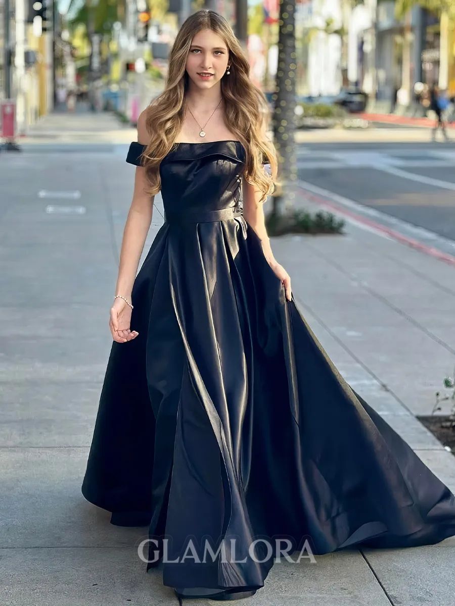 A-line Stunning Off-the-Shoulder Satin Sweep Train Corset Prom Dress With Ruffles