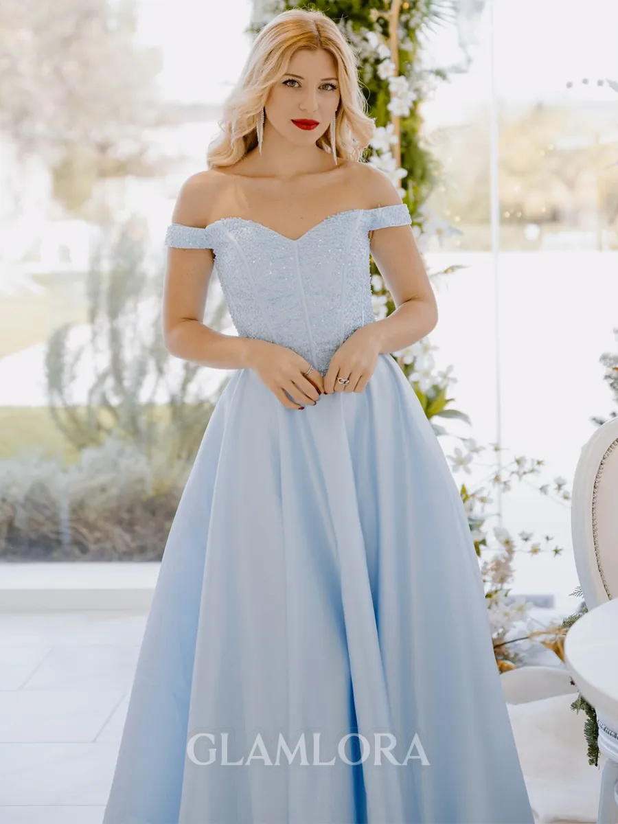 Fashion Ball-Gown Off-the-Shoulder Satin Sweep Train Corset Prom Dress With Beading