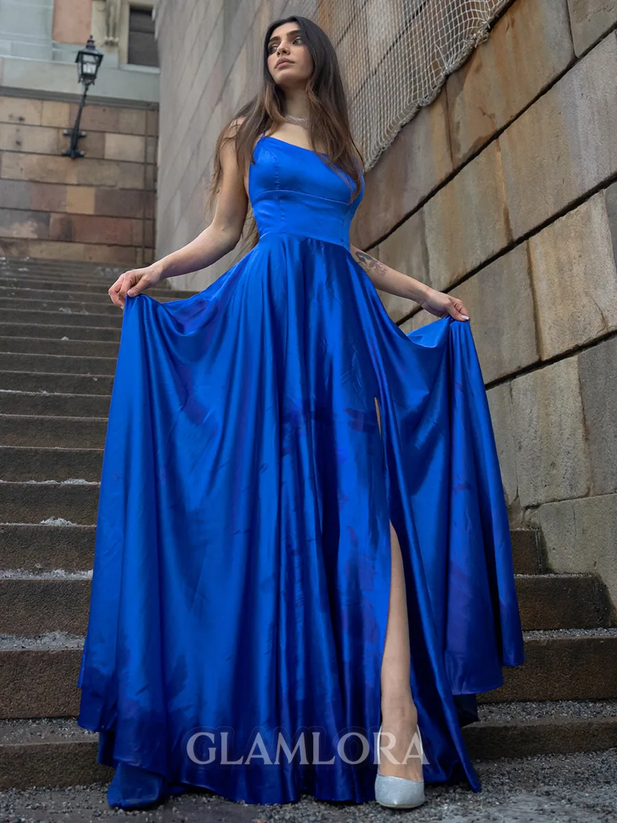 Dreamy A-line Spaghetti Straps Silk like Satin Sweep Train Corset Prom Dress With Slit