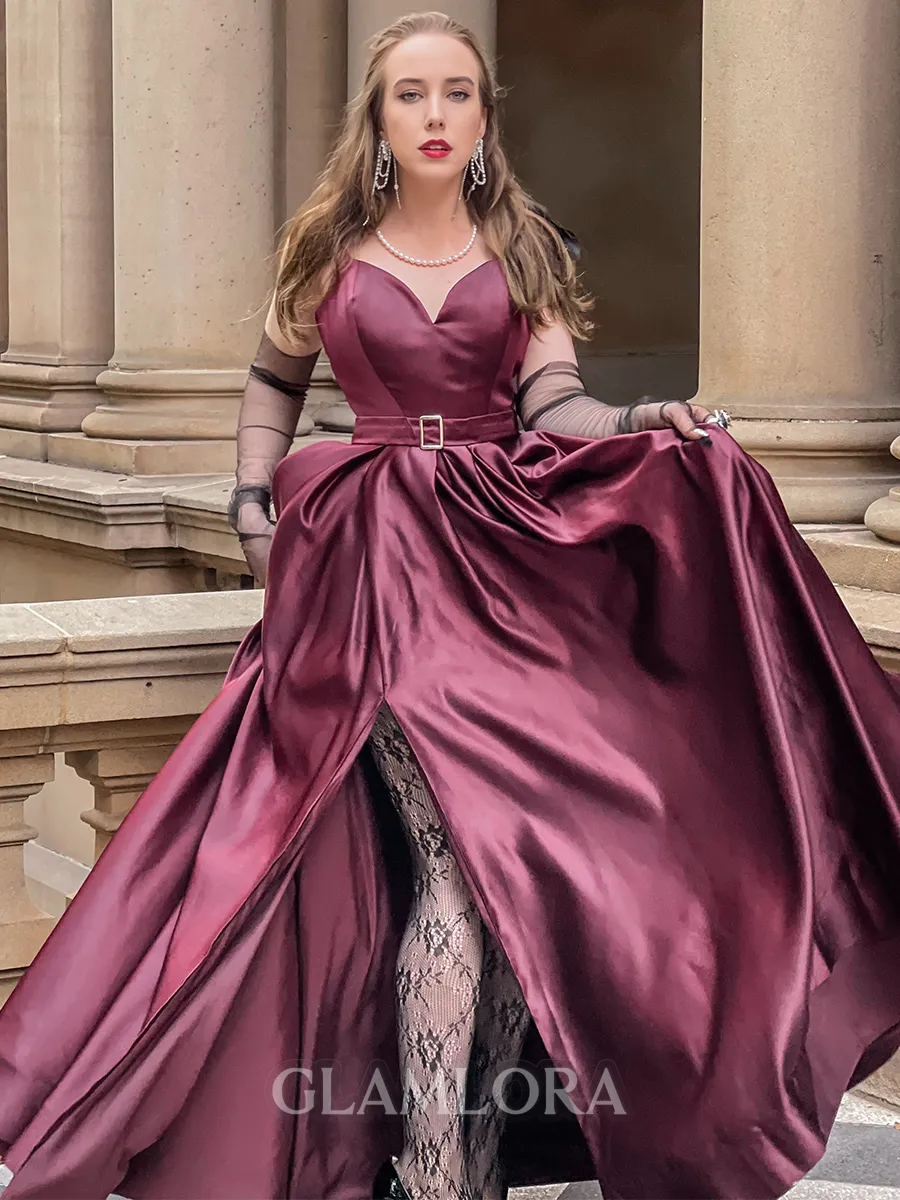 Perfect A-line Spaghetti Straps Satin Floor-Length Corset Prom Dress With Slit