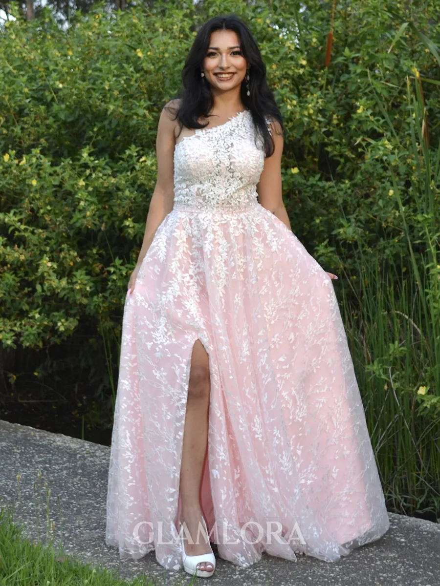 A-line Trendy One-Shoulder Lace Floor-Length Prom Dress With Slit