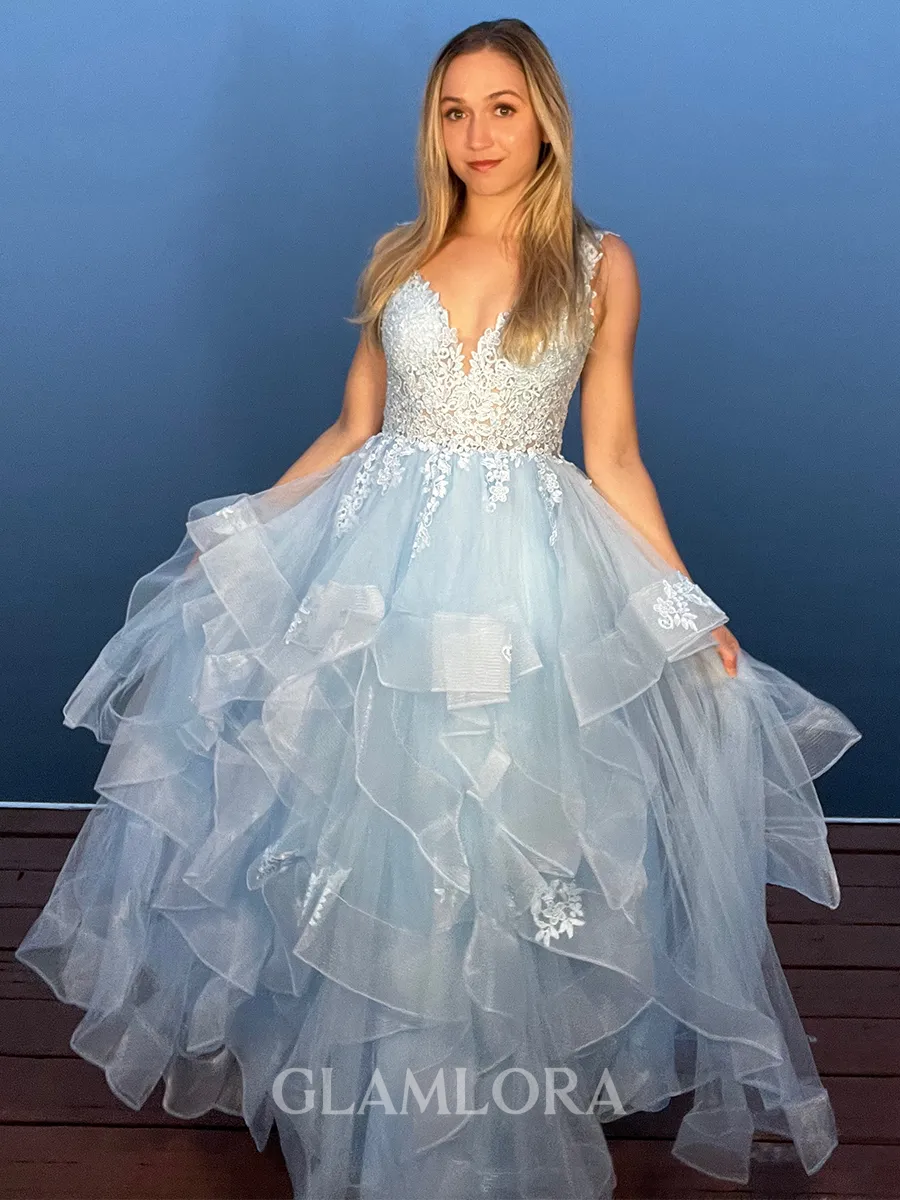 A-line Fashion V-neck Tulle Floor-Length Corset Prom Dress