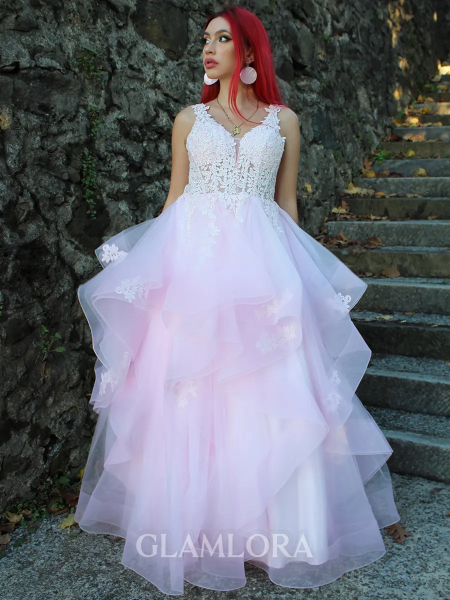 A-line Unique V-neck Tulle Floor-Length Corset Prom Dress