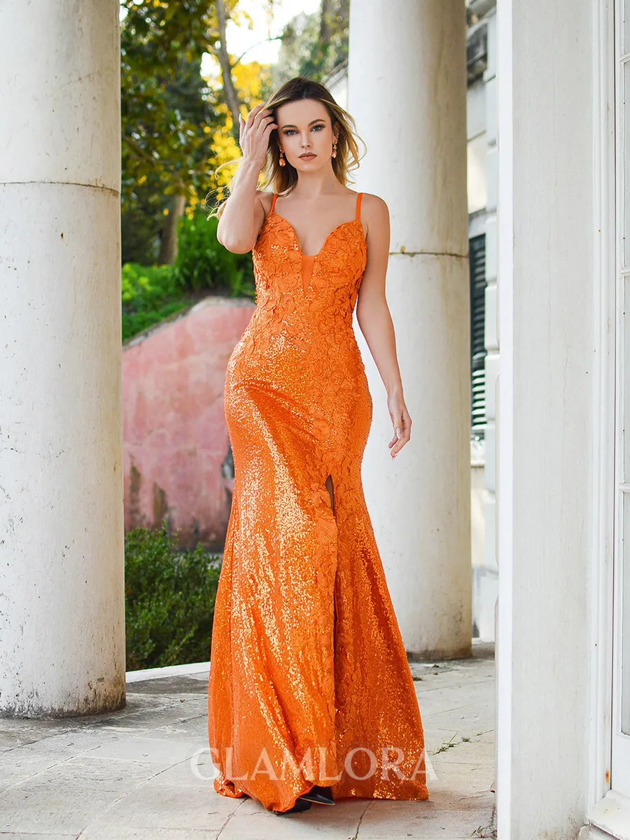 Charming Sheath/Column V-Neck Sweep Train Sequins Prom Dress With Slit
