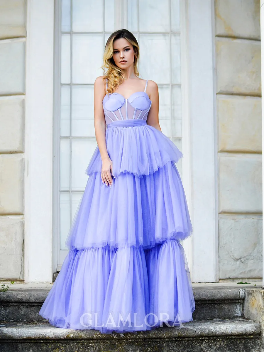 A-line Spaghetti Straps Sweep Train Tulle Corset Prom Dress