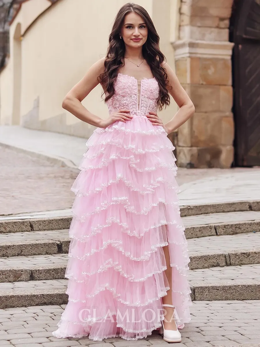 Stunning A-line Spaghetti Straps Sweep Train Tulle Corset Prom Dress With Slit