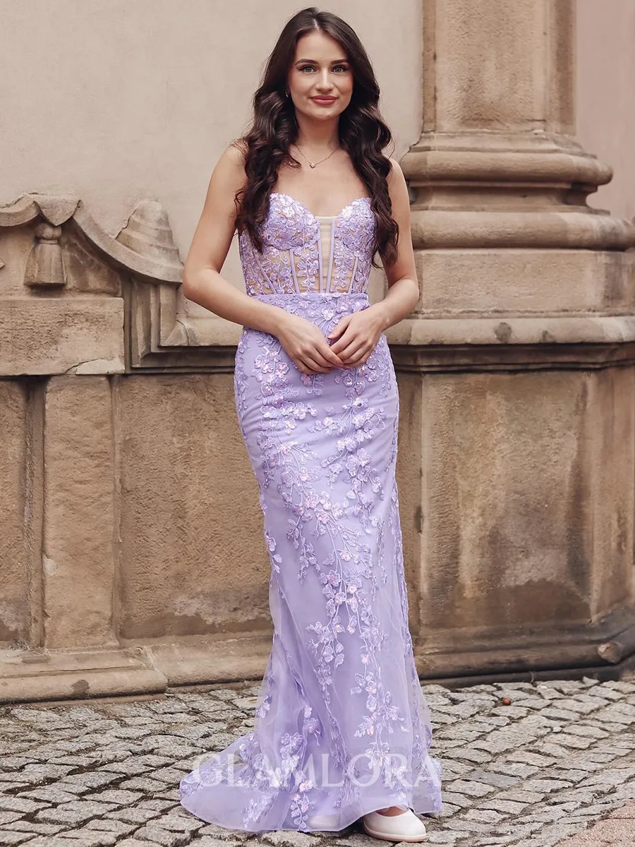 Tight Sheath/Column Spaghetti Straps Sweep Train Lace Corset Prom Dress With Appliques Lace