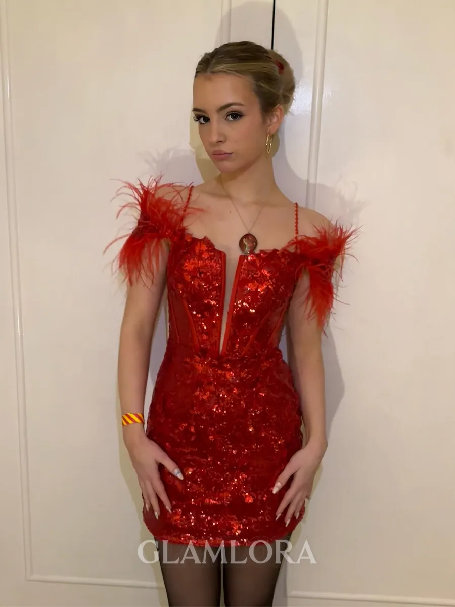 Sheath/Column Spaghetti Straps Sparkly Sequins Corset Short/Mini Homecoming Dress With Feather