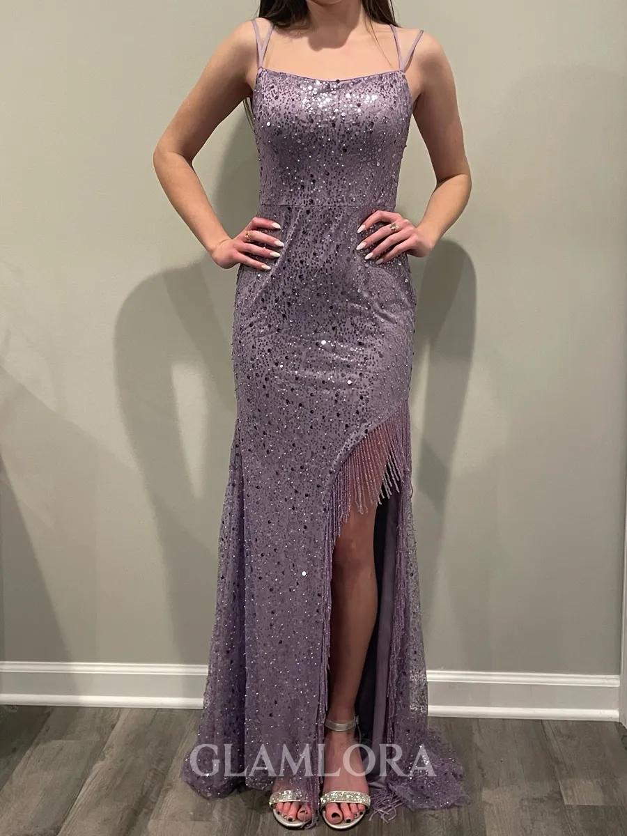 Sheath/Column Trendy Spaghetti Straps Sleeveless Sweep Train Prom Dress With Slit