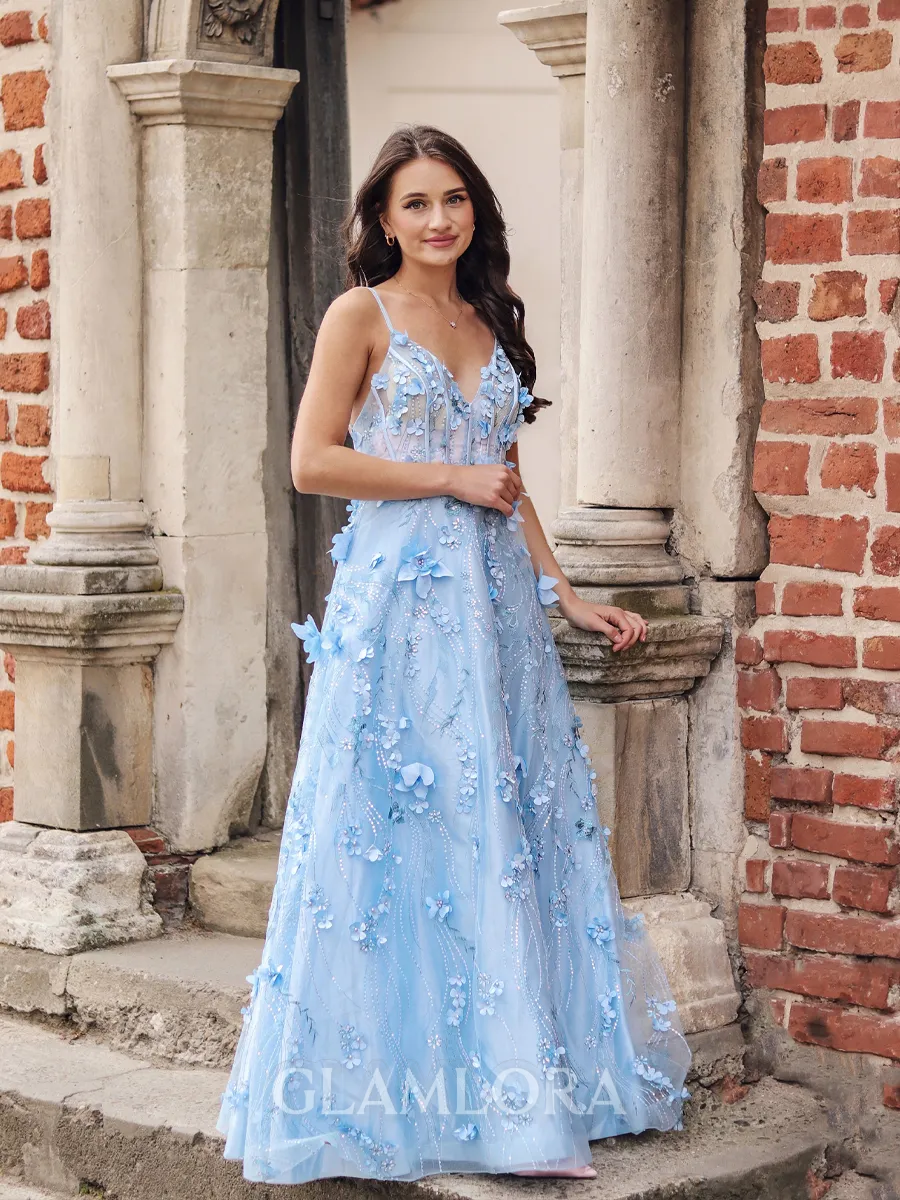 A-line Unique V-neck Floor-Length Satin Corset Prom Dress With Flower