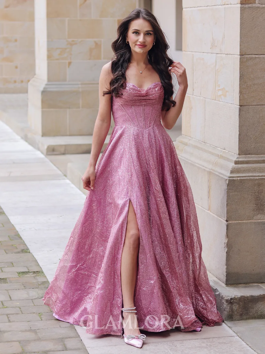 A-line Trendy Spaghetti Straps Sweep Train Corset Prom Dress With Slit