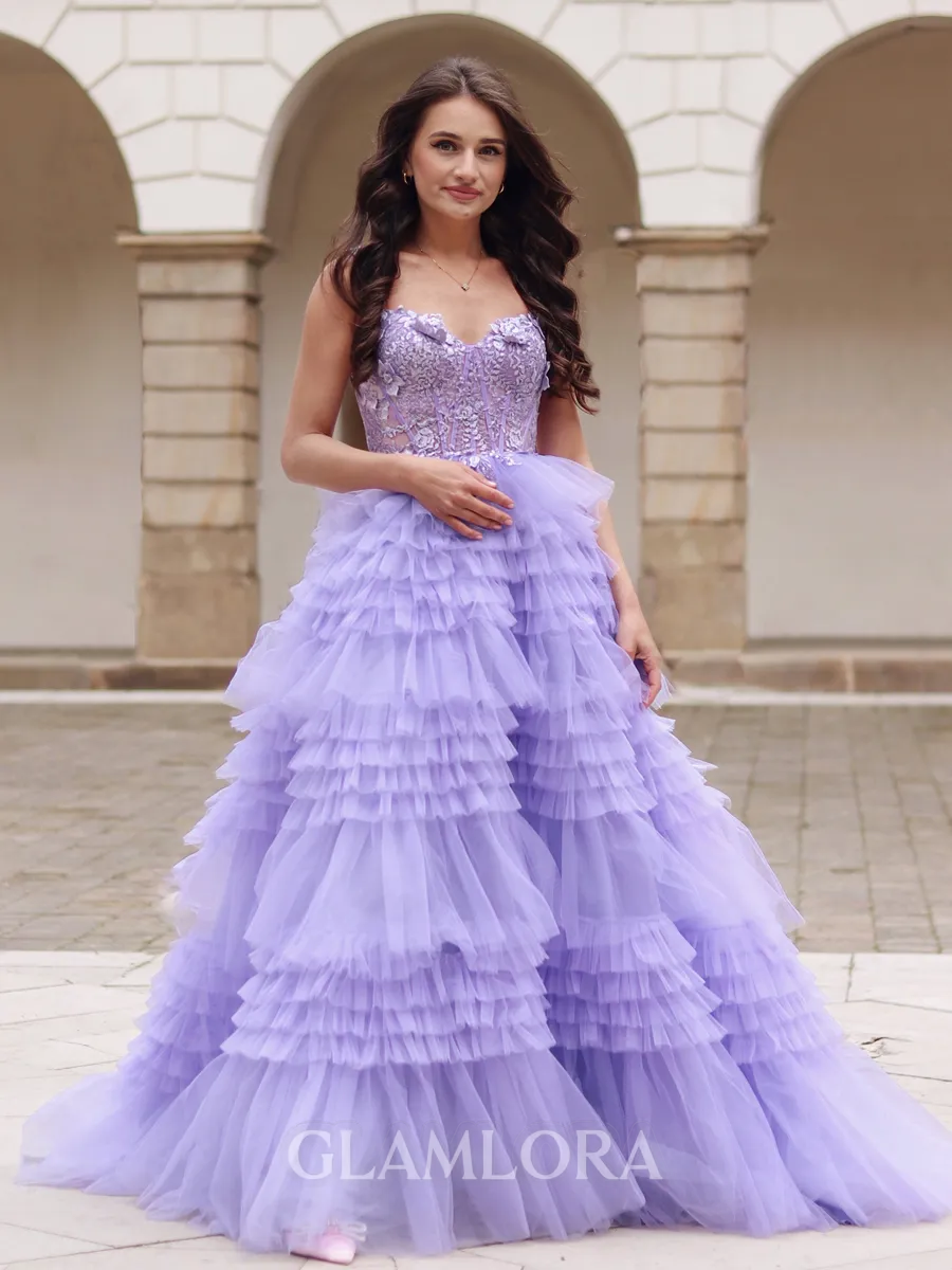 A-line Elegant V-neck Court Train Tulle Corset Prom Dress With Appliques Lace