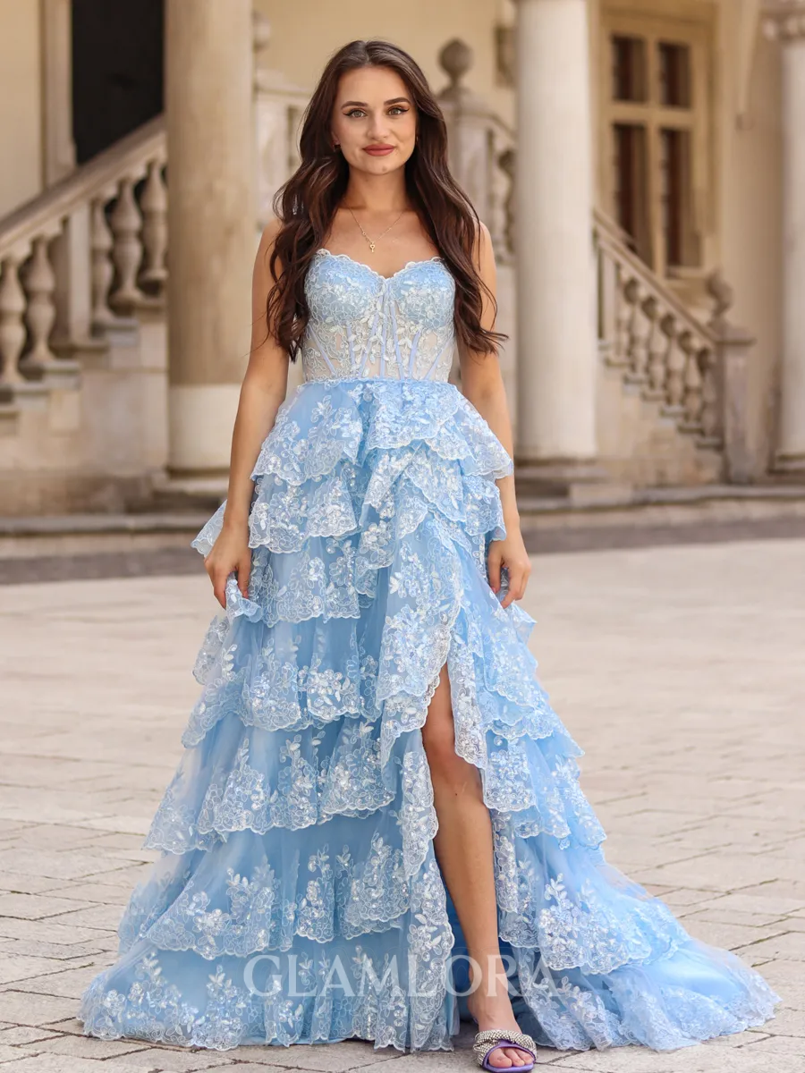 Fashion A-line Off-the-Shoulder Court Train Tulle Corset Prom Dress With Slit