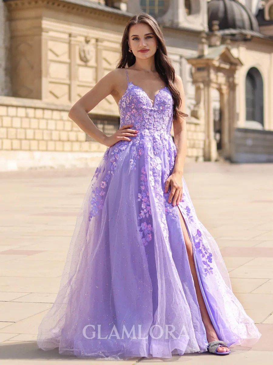 A-line Fashion V-neck Sweep Train Corset Prom Dress With Slit