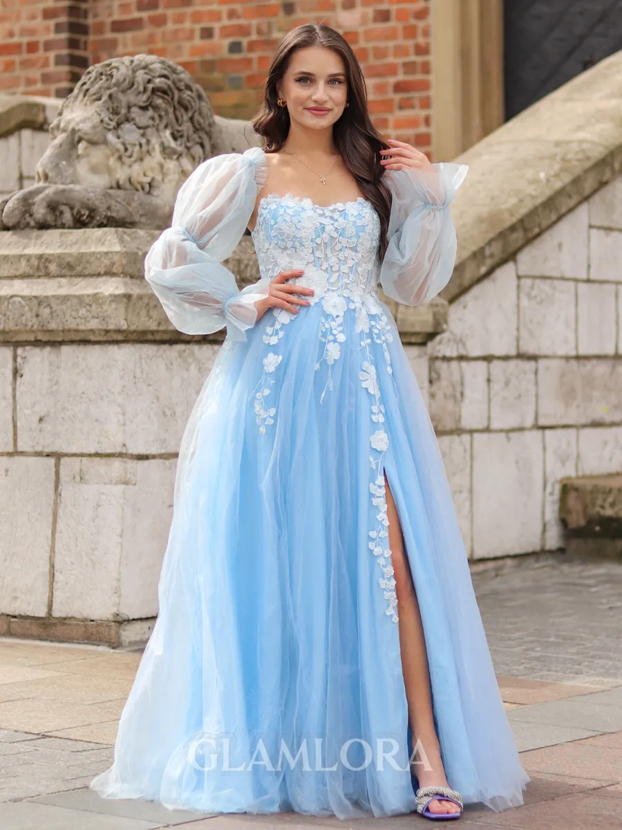 Dreamy A-line Straight Long Sleeves Sweep Train Tulle Convertible Corset Prom Dress With Slit
