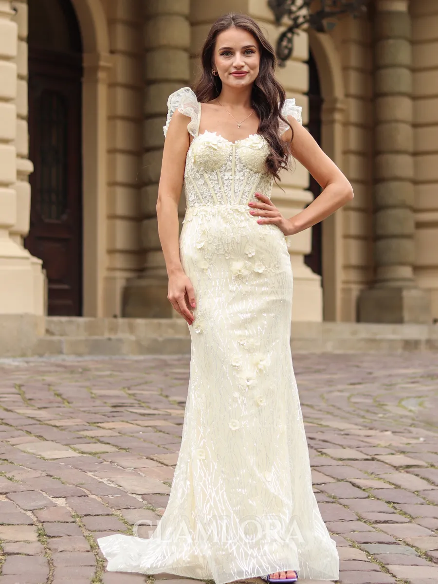 Tight Sheath/Column Square Sweep Train Lace Corset Prom Dress With Appliques Lace