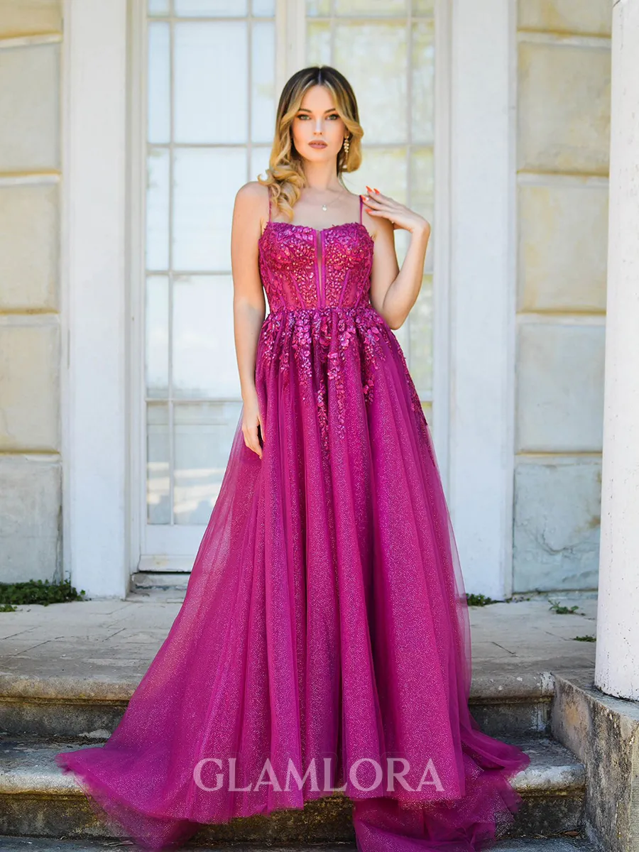 A-line Princess Tulle Spaghetti Straps Sweep Train Corset Prom Dress With Slit