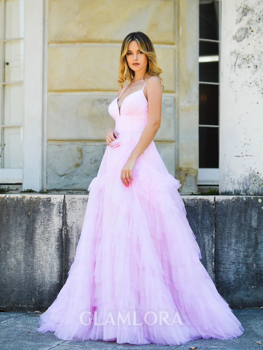 Princess A-line V-neck Sweep Train Prom Dress With Cascading Ruffles