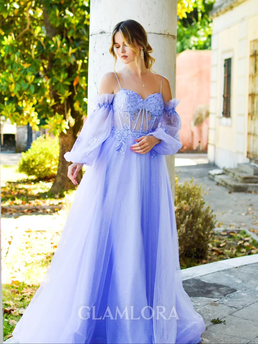 Chic A-line Spaghetti Straps Long Sleeve Court Train Tulle Corset Prom Dress With Appliques Lace