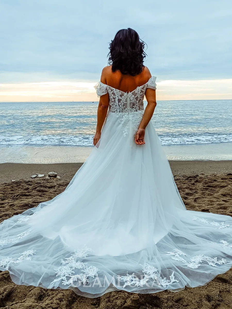 A-line Princess Dreamy Off-the-Shoulder Sleeveless Sweep Train Tulle Wedding Dress With Applique