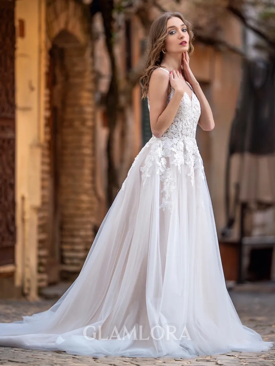 Perfect A-line V-Neck Court Train Tulle Wedding Dress With Applique