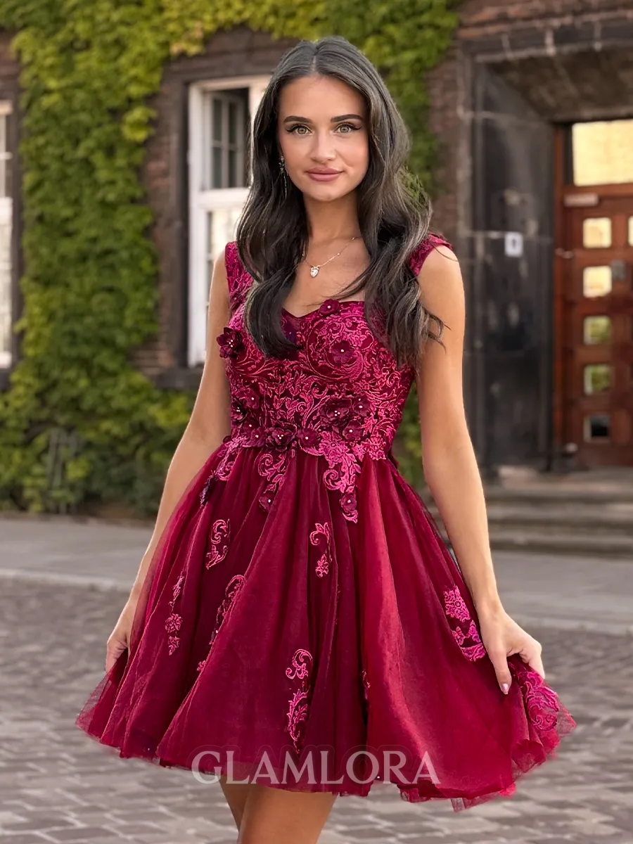 Delicate A-Line Off-The-Shoulder Tulle Short/Mini Homecoming Dress With Flower