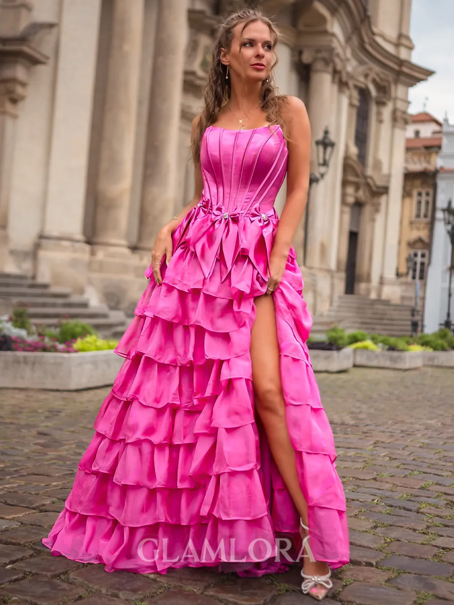 Pretty A-Line Straight Bow Sweep Train 30D Chiffon Corset Prom Dress