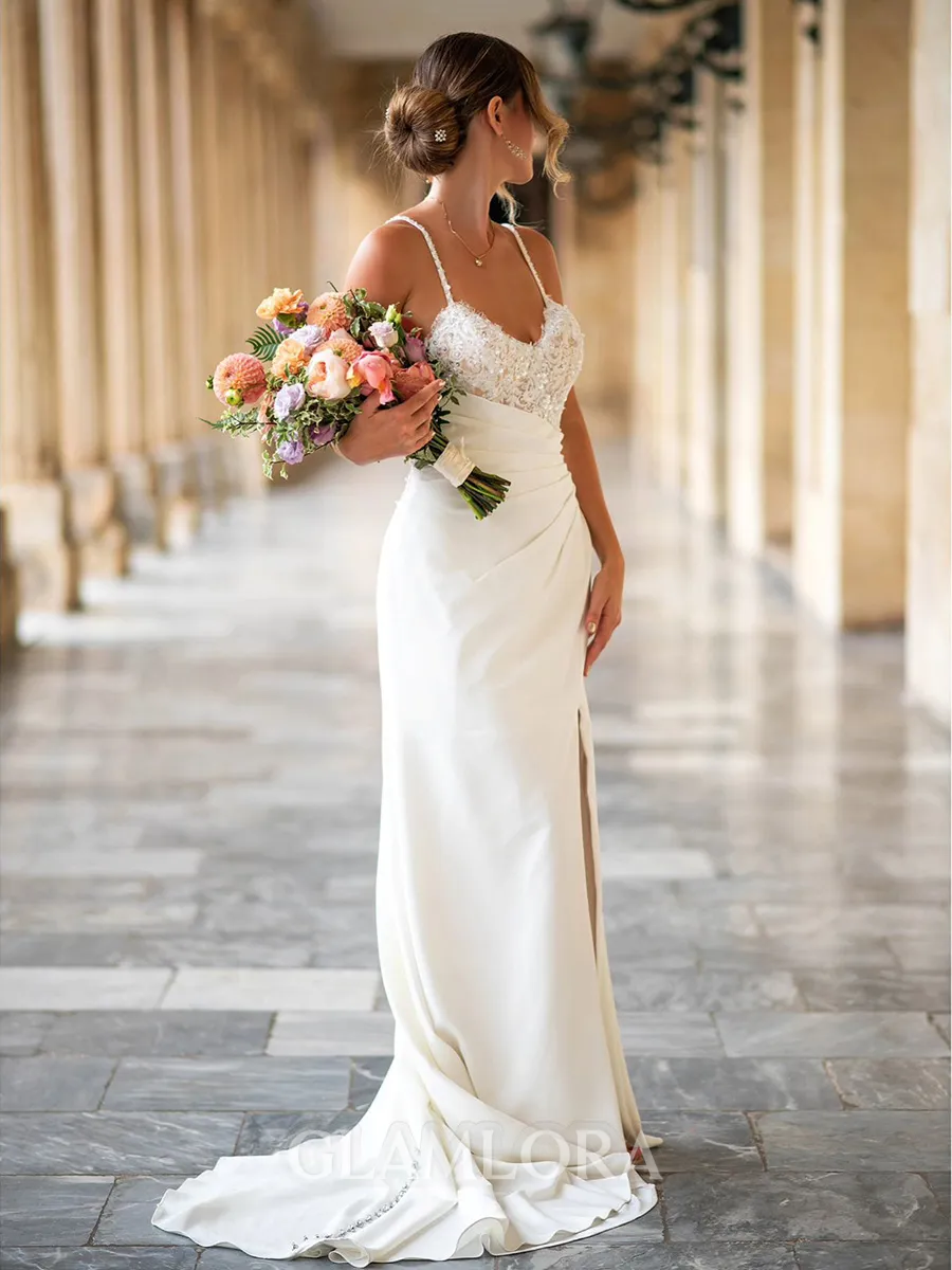 Sheath/Column V-Neck Curve-enhancing Sleeveless Sweep Train Stretch Crepe Wedding Dresses