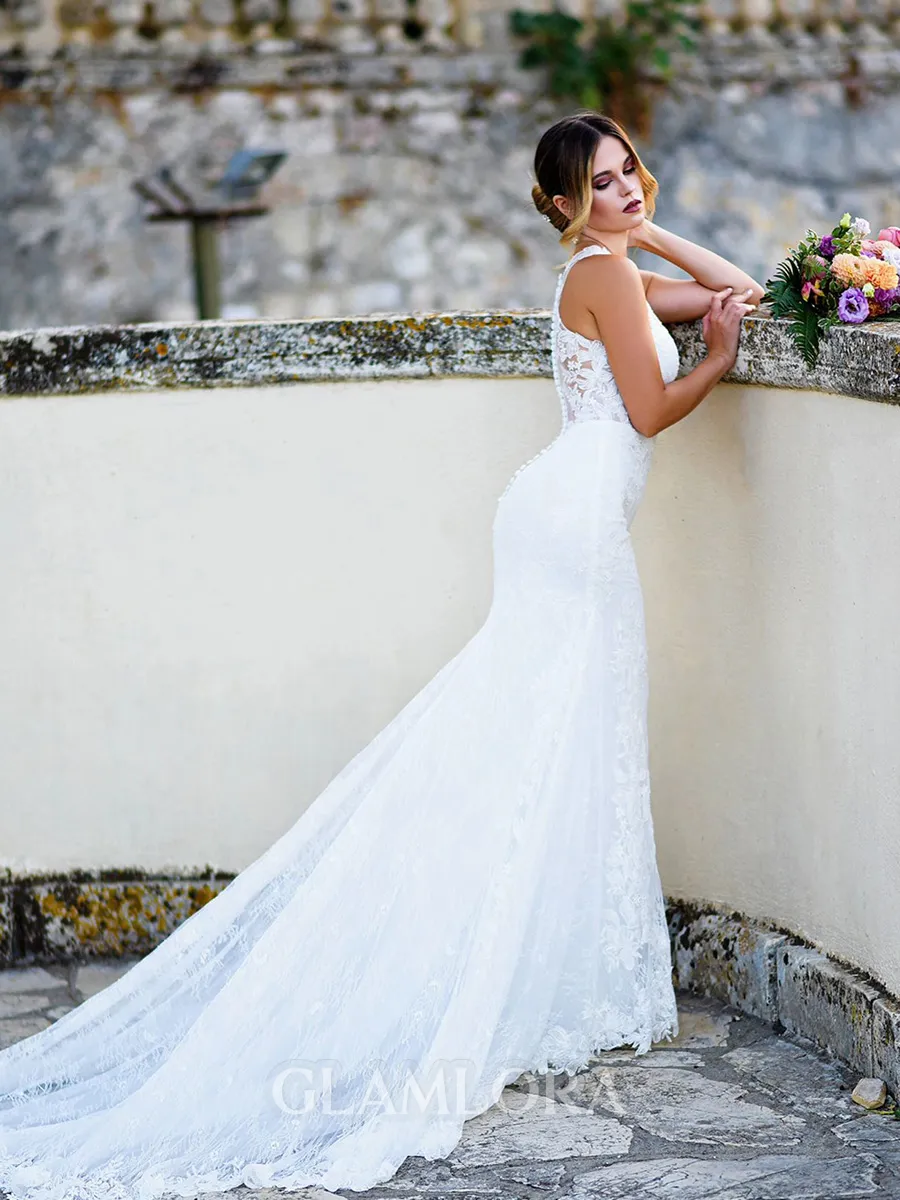 Sheath/Column Scoop Exquisite Sleeveless Court Train Lace Wedding Dresses