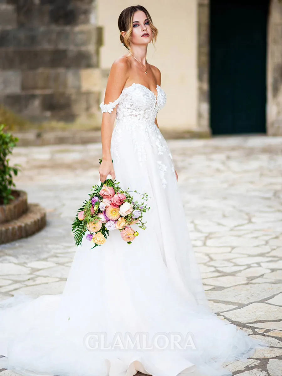 A-line Chic Off-the-Shoulder Tulle Chapel Train Wedding Dress With Slit