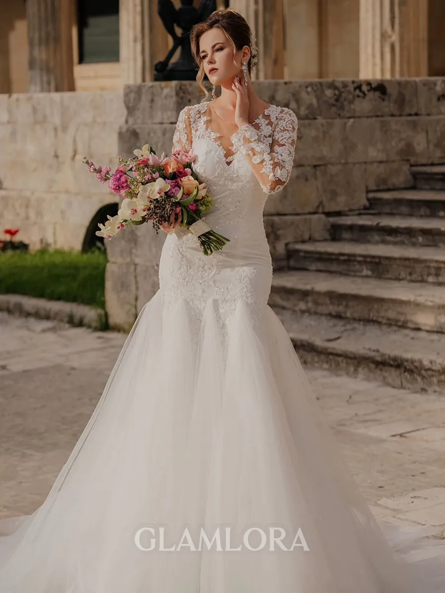 Perfect Mermaid V-Neck Appliques Lace Chapel Train Tulle Wedding Dress