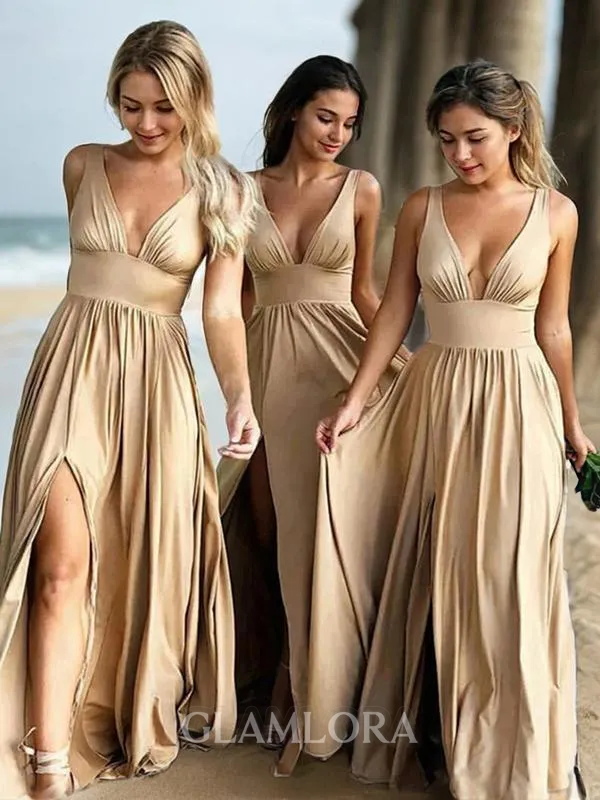 A-line V-Neck Sleeveless Sweep Train Charming Jersey Bridesmaid Dress With Ruffles