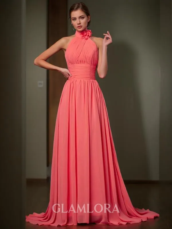 A-line Halter Sleeveless Sweep Train Chiffon Stunning Bridesmaid Dress With Hand-Made Flower