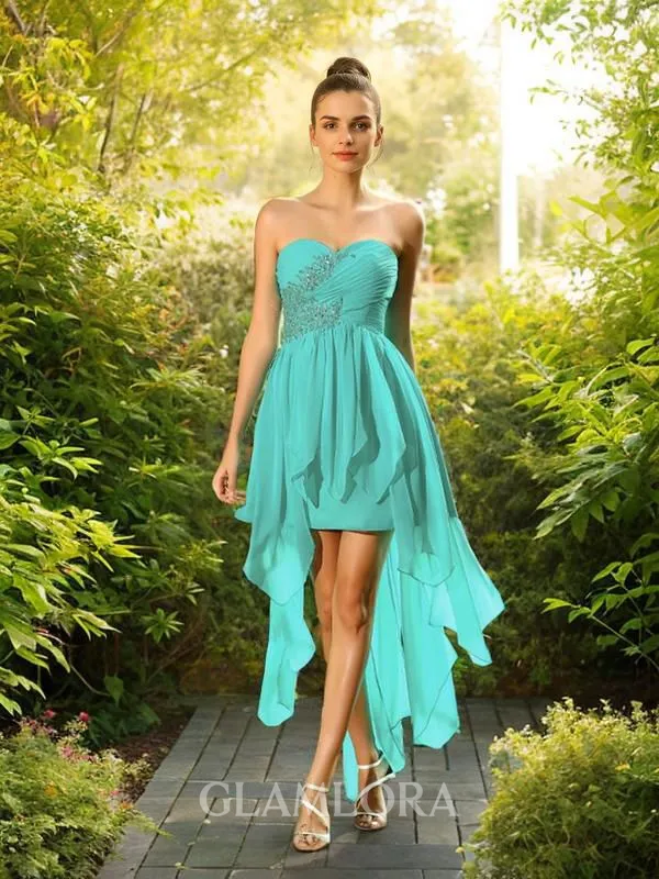 A-line Sweetheart Sleeveless Asymmetrical Dreamy Chiffon Bridesmaid Dress With Beading