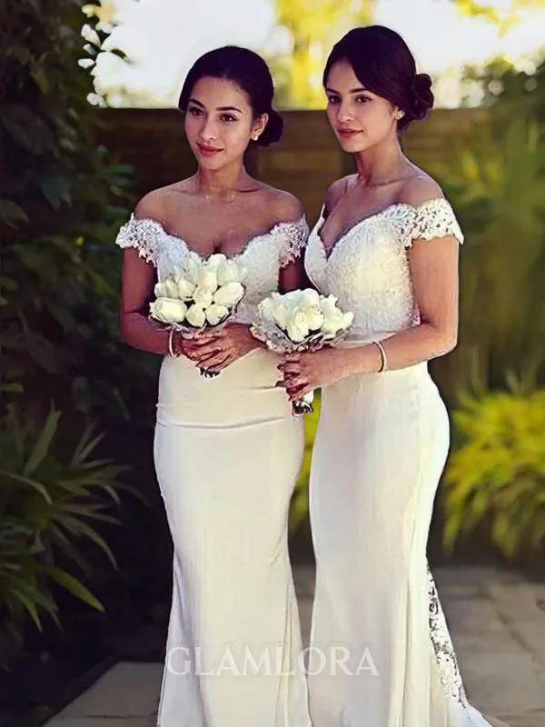 Trumpet/Mermaid Off-the-Shoulder Sleeveless Sweep Train Stretch Crepe Fitted Bridesmaid Dress With Lace