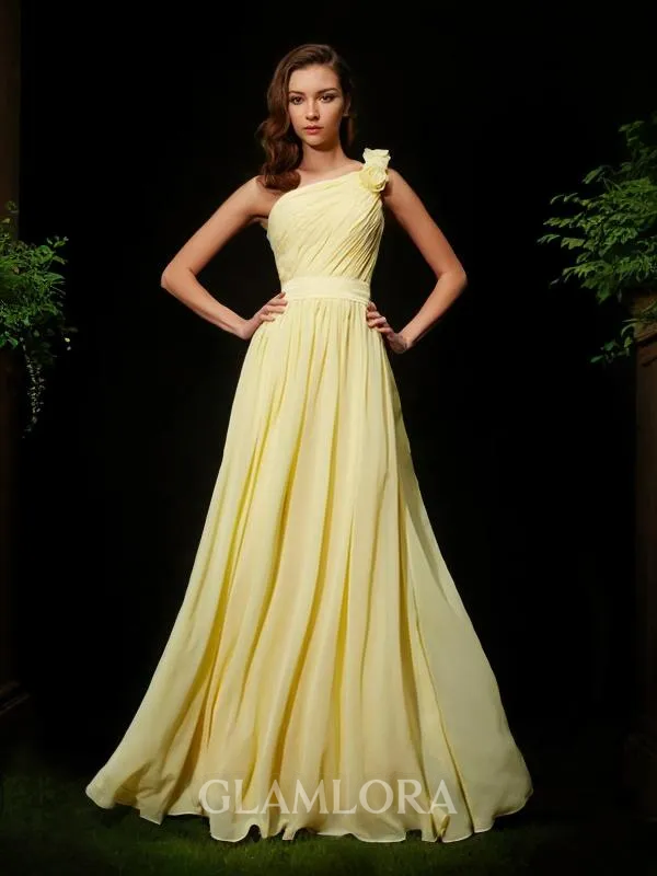 A-line One-Shoulder Sleeveless Glam Floor-Length Chiffon Bridesmaid Dress With Hand-Made Flower