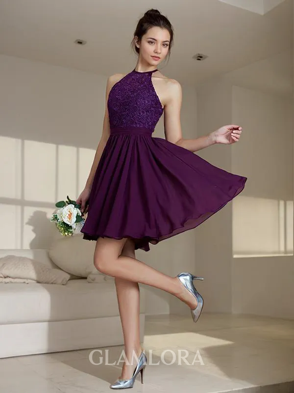 A-line Pretty Halter Sleeveless Short/Mini Chiffon Bridesmaid Dress With Lace