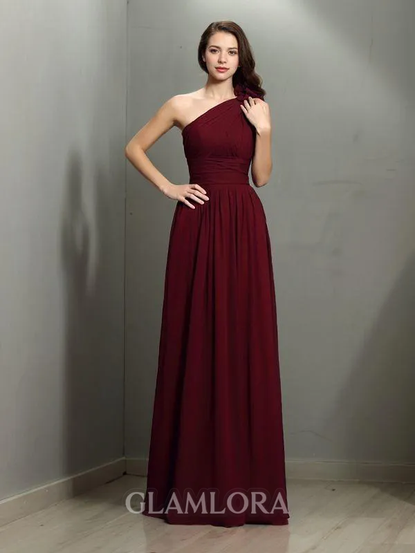 A-line One-Shoulder Charming Sleeveless Floor-Length Chiffon Bridesmaid Dress With Pleats