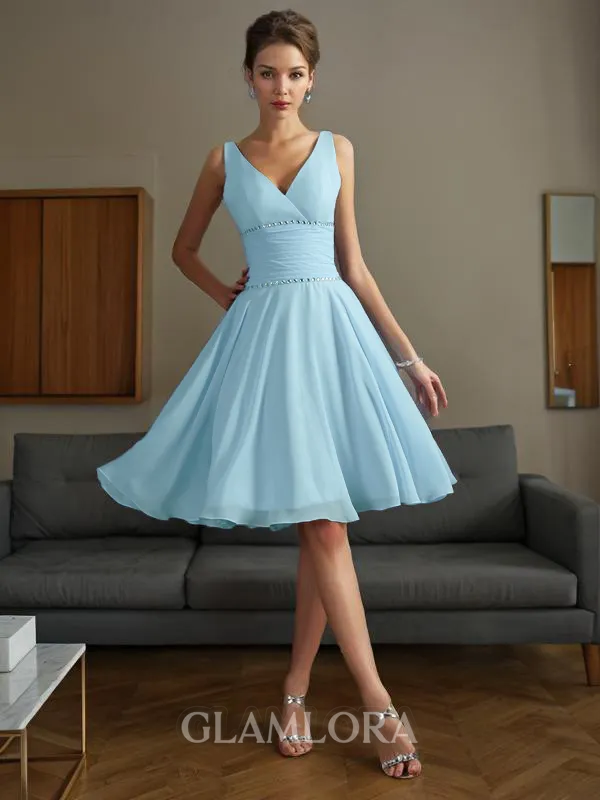 A-line V-Neck Sleeveless Delicate Knee-Length Chiffon Bridesmaid Dress With Pleats
