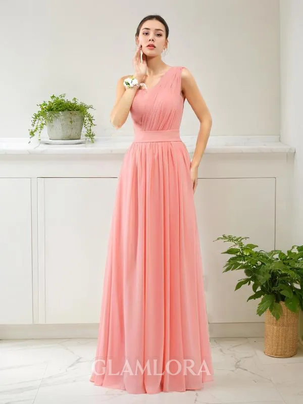 A-line One-Shoulder Sleeveless Floor-Length Exquisite Chiffon Bridesmaid Dress With Pleats
